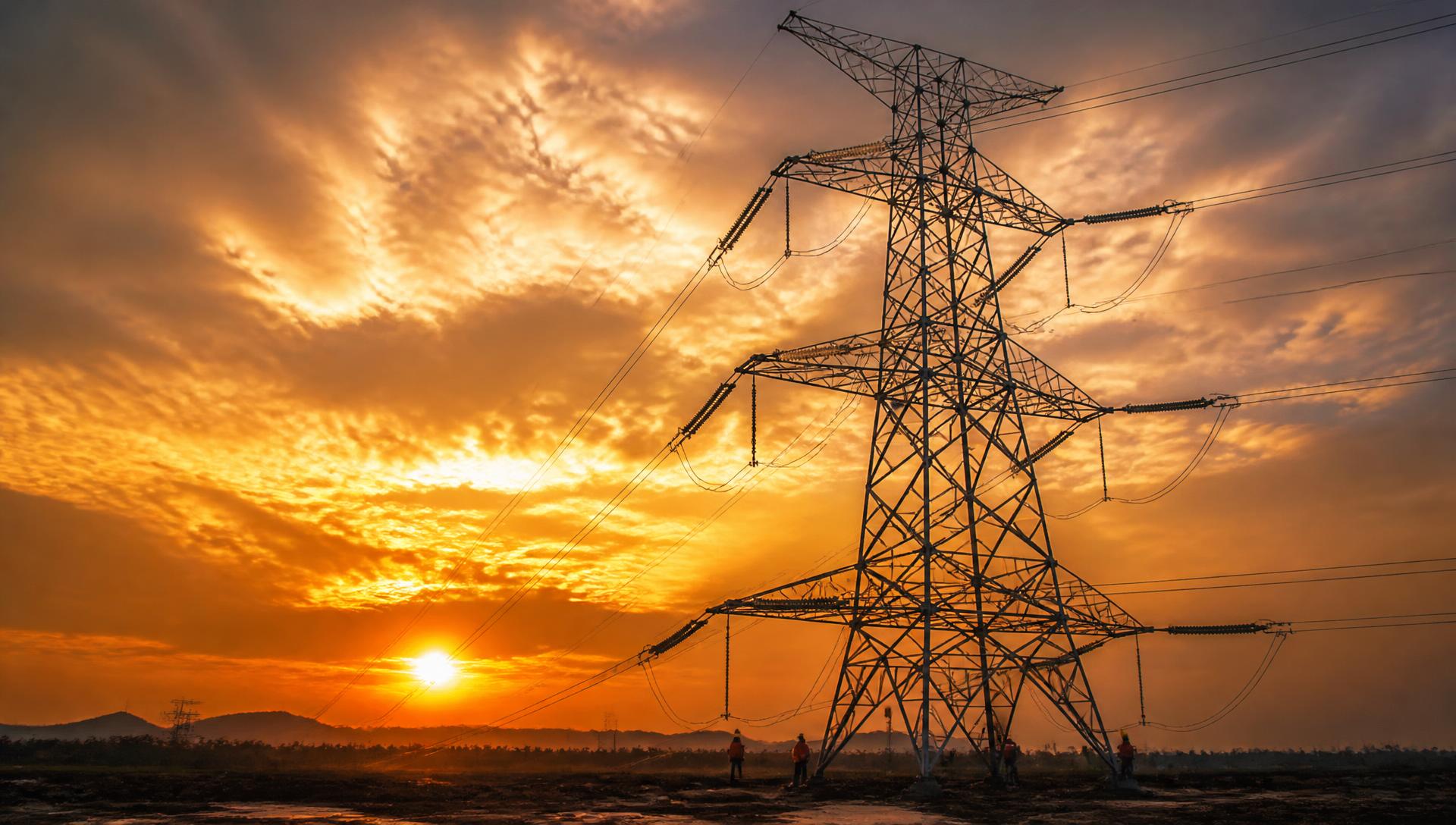 Konstrukcja linii 400 kV o zachodzie słońca